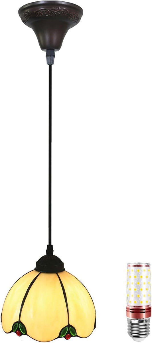 Tiffany Style Small Hanging Lamp, 8” Wide Stained Glass Pendant Lights, Antique Hanging Ceiling Lights for Kitchen Dining Room Hallway