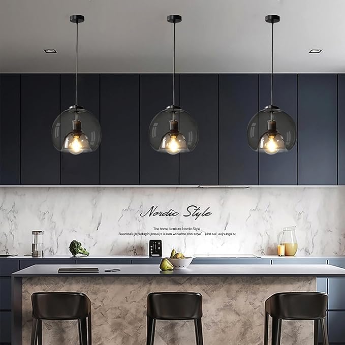 3-Pack Large Smoke Glass Pendant Lights for Kitchen Island, Includes Extra Bulbs & 4.26FT Adjustable Cord, Modern Pendant Lighting Fixtures for Kitchen, Dining Room, Living Room