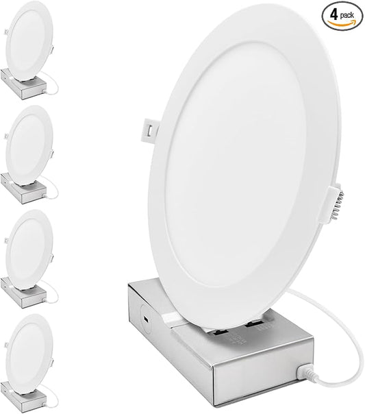 LUXRITE 8-Inch LED Recessed Light with J-Box, Canless Mini Panel Spotlight, 5CCT 2700K-5000K, 13/15/18 Watts, 1050/1250/1500 Lumens, CRI90, Dimmable, 120-277V, IC Rated, Wet Rated ETL Listed (4 Pack)