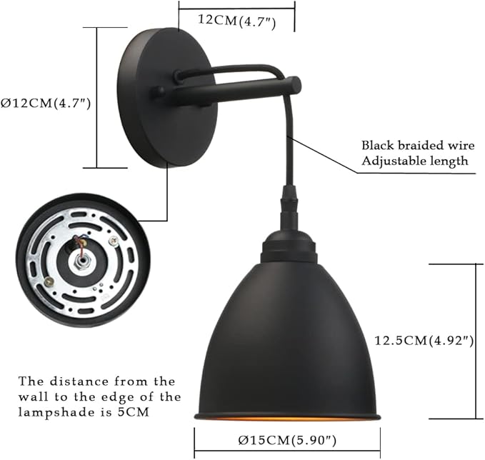 Phansthy Industrial Wall Sconce Matte Black Barn Farmhouse Wall Light Fixture with Metal Lampshade (Hanging-Wired)