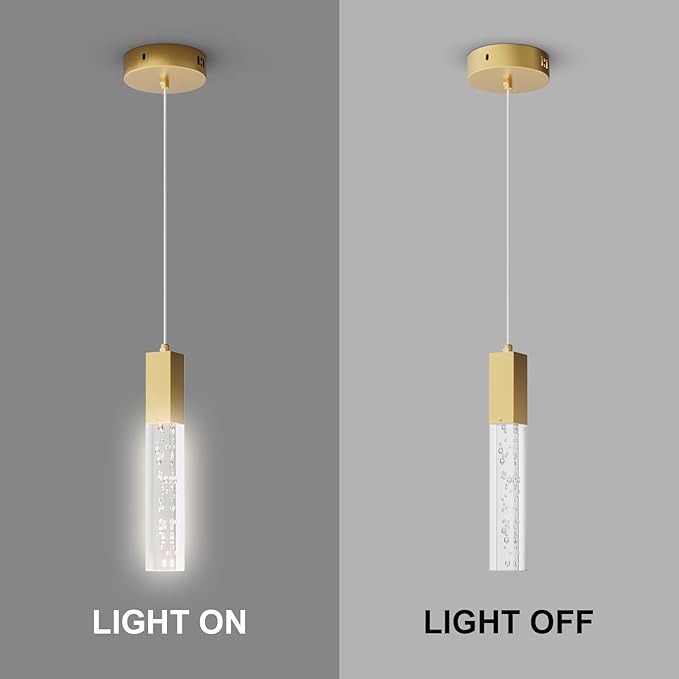 Brass Pendant Lights Kitchen Light Fixture Dimmable Integrated LED Modern Pendant for Kitchen Island Mini Crystal Pendant Light for Bathroom Bedroom 3000K Warm Light(2-Pack)