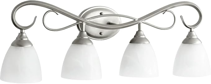 Quorum International Powell 4‑Light 32″ Classic Nickel Vanity Light | Traditional Transitional Bathroom Fixture | Satin Opal Glass Shades | Damp‑Rated | 5108-4-64