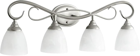 Quorum International Powell 4‑Light 32″ Classic Nickel Vanity Light | Traditional Transitional Bathroom Fixture | Satin Opal Glass Shades | Damp‑Rated | 5108-4-64