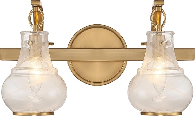 Savoy House 8-4417-2-322 Adams Modern Vintage Traditional White Strie Glass Bathroom Vanity Wall Light, 2-Light 120 Total Watts, 9" H x 16" W, Warm Brass