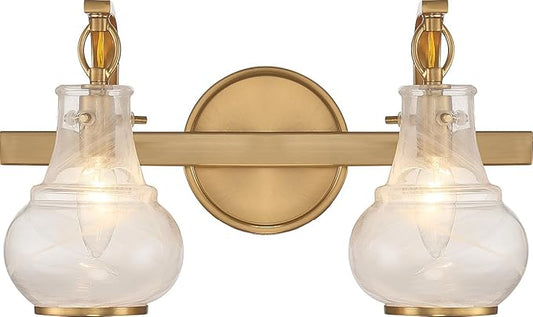 Savoy House 8-4417-2-322 Adams Modern Vintage Traditional White Strie Glass Bathroom Vanity Wall Light, 2-Light 120 Total Watts, 9" H x 16" W, Warm Brass