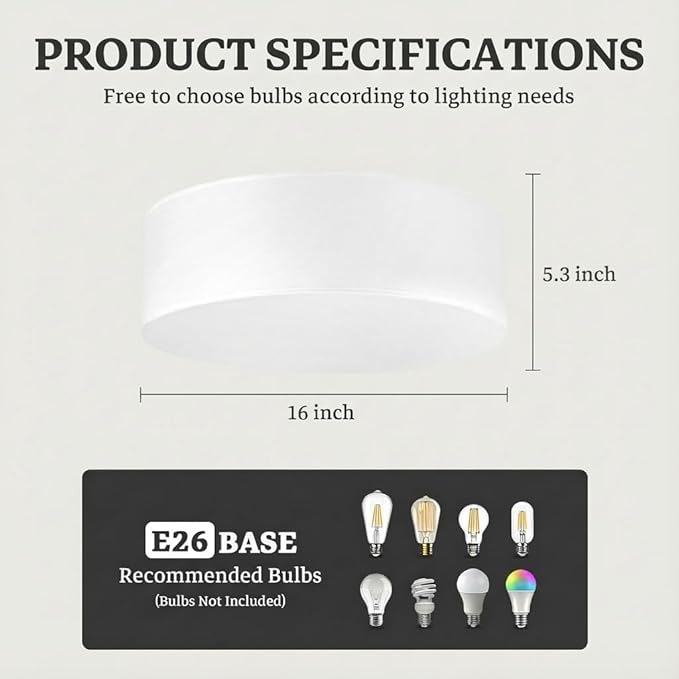 Flush Mount Ceiling Light, 16'' Modern Close to Ceiling Lamp with White Fabric Drum Shade, 3-Light Semi Flush Mount Ceiling Light Fixture, Farmhouse Ceiling Light for Bedroom Living Room