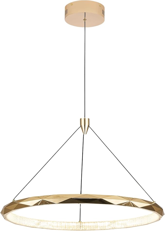 HEYAN Modern Gold Ring Chandelier, 24-Inch Faceted Geometric LED Pendant Light, Dimmable 3-Color Changeable Island Lighting, 36W Luxury Acrylic Crystal-Effect Ceiling Fixture for Dining Room & Kitchen