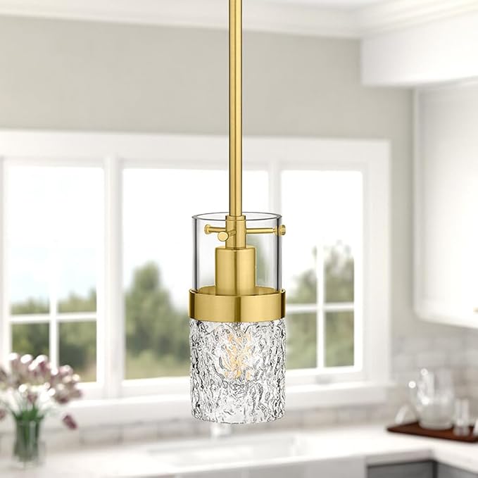 LMS 2-Pack Modern Pendant Lights, Brushed Gold Pendant Light Kitchen Island with Hammered Glass, Adjustable Hanging Light Fixtures for Kitchen, Dining Room, Living Room, LMS-171GD2