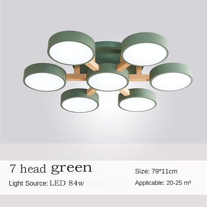 7-Lights LED Ceiling Light Fixture,32 Inch Modern Ceiling Lights Flush Mount Wooden 84W Chandelier for Living Room Bedroom Kitchen,Dimmable 3000K/4000K/6000K Temperatures Selectable Green
