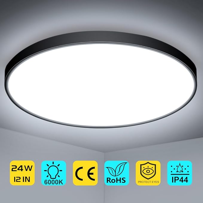 12 Inch 24W Flush Mount LED Ceiling Light Fixture, 6000K Daylight White, 3200LM, Flat Round Ceiling Light Fixture, 240W Equivalent Black Ceiling Lamp for Closets, Kitchens, Stairwells, Bedrooms.etc.