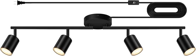 Plug in Track Lighting LED, Track Lighting Fixtures Ceiling, Black 4-Light Kitchen Light Kit, Plug in Wall Light with 14.8ft Power Cord, Rotatable Ceiling Spotlight for Bedroom(GU10 Socket, NO Bulb)