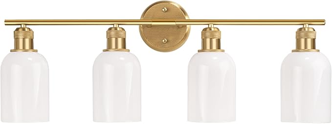 Vintage Gold 4-Light Vanity Light, Light Fixtures with White Glass Shade for Bathroom Mirror Kitchen Living Room Hallway Cabinet Porch