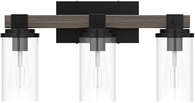 Bathroom Vanity Light Fixtures, Wooden Farmhouse Bathroom Lights over Mirror Vintage Rustic Sconces Wall Lighting 3-Light Industrial Matte Black Vanity Light for Bathroom Bedroom Hallway Kitchen