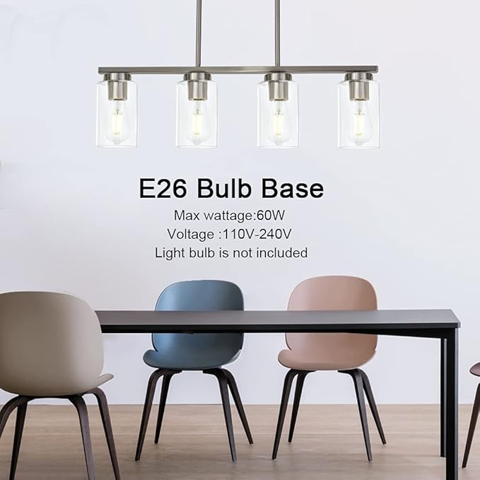 TODOLUZ Modern Kitchen Island Light with Clear Glass Shades, 4-Lights Hanging Lighting Fixtures in Brushed Nickel for Dining Room