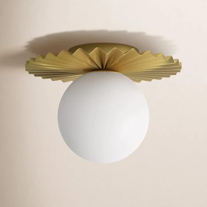 Modern Flush Mount Ceiling Light, Gold Pleated Satin Finish with White Center Globe, 9.8 Inch Bubble Chandelier Wide Ceiling Light Fixture for Bedroom, Hallway, Closet, Foyer (Gold, 1 Light)