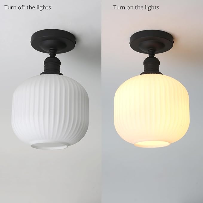 Pathson Vintage Flush Mounted Ceiling Light with Milk White Glass, Modern Ceiling Lamp Fixture for Farmhouse Hallway Foyer Loft Living Room Bedroom Matte Black Finished
