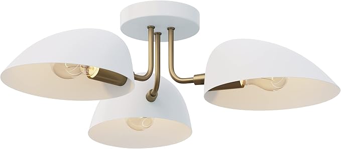 Nathan James Argo Semi Mount Flush Ceiling Light, 3-Lights Modern Retro Lighting with White Rounded Shades for Hallway, Dining Room and Bedroom, Brass Gold/White
