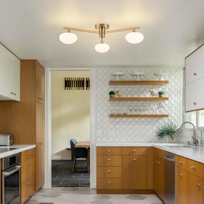 Semi Flush Mount Ceiling Light Fixture, Mid Century Modern 3-Light 22.5" Lighting Fixtures Ceiling Matte Gold Ceiling Lights for Bedroom, Entryway, Hallway, Kitchen lsland, Dining Room & Living Room