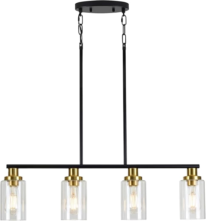 Island Lights for Kitchen, 4-Light Farmhouse Dining Room Light Fixtures Over Table, Matte Black and Gold Linear Chandeliers for Dining Room，Industrial Pendant Lighting with Clear Glass Shade