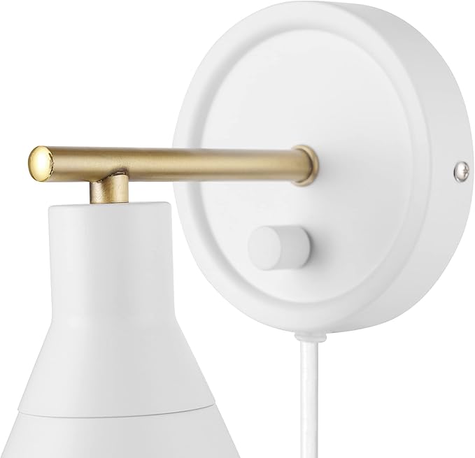 Globe Electric 65542 1-Light Plug-in or Hardwire Wall Sconce, Matte White, Brass Accent, Stepless Dimming Rotary Switch, Fabric Cord, Modern Lighting for Apartment or Renters, Home Decor