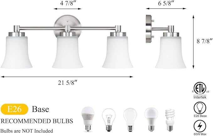 XiNBEi Lighting Vanity Light, Modern Bathroom Wall Light with Glass, Brushed Nickel 3 Light Bath Bar Light XB-W1235-3-BN