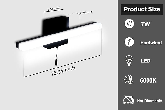 COTULIN 16 Inch Black Vanity Light Bar with Pull Switch 10W Brightness Ideal for Cabinet Lighting Picture Light and Sink Light for Kitchen and Bathroom Applications Modern Design Efficient Lighting