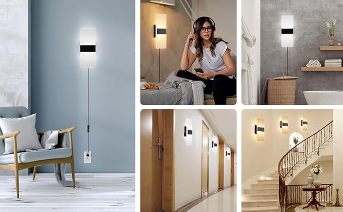 Plug in Wall Sconces with Adjustable 3000K-6500K Colors & 10%-100% Brightness, Wall Sconces Set of Two with Remote, 12W Acrylic LED Plug in Wall Light, Sconces Wall Decor Set of 2 (2 PACK,Black)