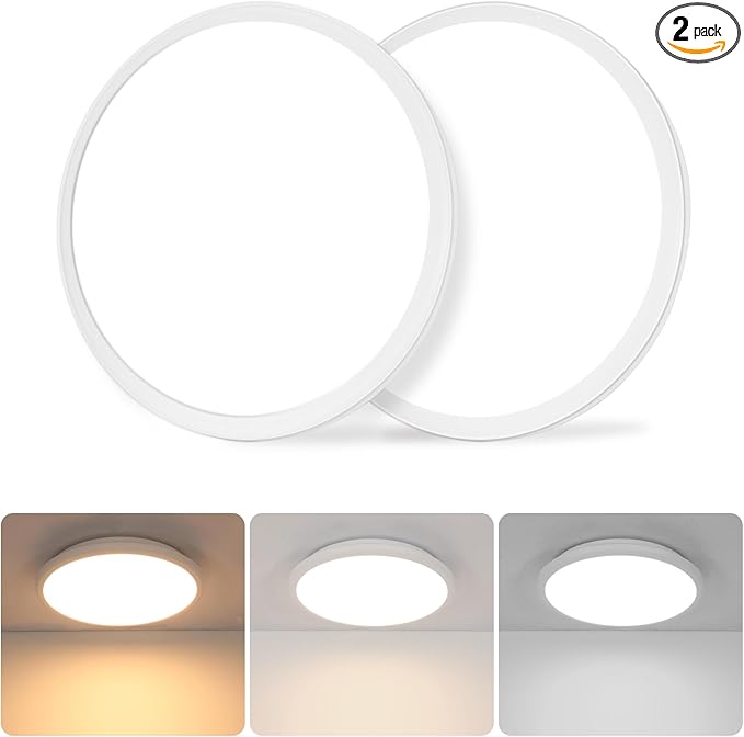 DELIPOP 2 Pack 12 Inch Ceiling Light, 24W Dimmable & 3000K-4500K-6000K 3 Color Selectable Ceiling Light for Indoor/Outdoor, Round Light Fixture for Bathroom, Bedroom, Kitchen, Hallway, Balcony