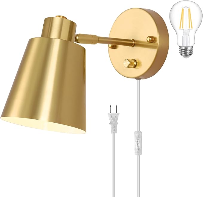 VATONI Dimmable Wall Sconce, Plug in Wall Sconce Adjustable Angle Wall Lights with Plug in Cord and Dimmer On/Off knob Switch, Gold Wall Mounted Light for Bedside Bedroom Doorway(1 Pack, 1 Bulb)
