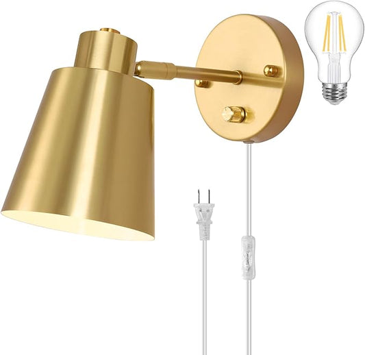 VATONI Dimmable Wall Sconce, Plug in Wall Sconce Adjustable Angle Wall Lights with Plug in Cord and Dimmer On/Off knob Switch, Gold Wall Mounted Light for Bedside Bedroom Doorway(1 Pack, 1 Bulb)