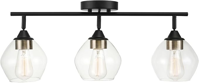 Globe Electric 59619 Harrow 3-Light Track Lighting, Matte Black, Antique Brass Accents, Clear Glass Shades, Bulbs Included, 650 Lumen