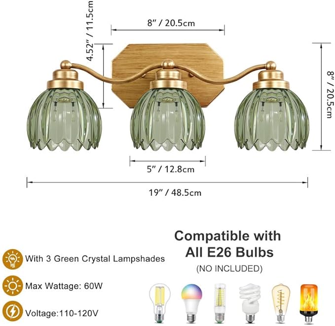 VbiTmn Gold Bathroom Light Fixtures, 3 Light Vintage Vanity Lights, Antique Brass Brushed Gold Finish, Crystal Green Glass Shade, Mid Century Wall Sconces for Bedroom, Living Room, Hallway