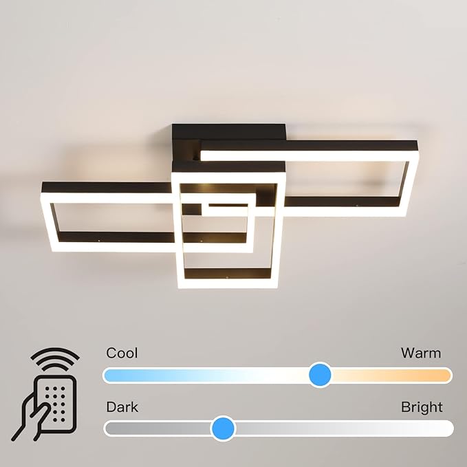 Modern LED Ceiling Light, Black Square LED Flush Mount Ceiling Light, APP and Remote Control Dimming 3000K-6500K for Dining Room, Living Room, Kitchen, Bedroom, Office