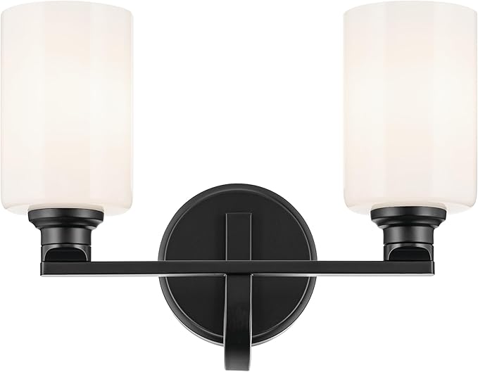 Kichler Gioe 2-Light Bathroom Vanity Light Fixture with Opal Glass, 14.25 in Modern Black Wall Sconce for Mirror, Damp Rated Lighting (14.25 in W x 10.5 in H), 55225BK