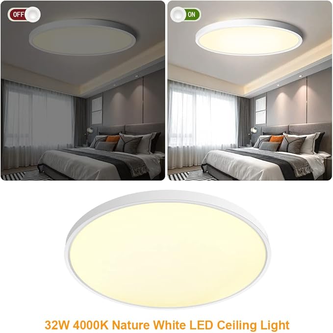 inShareplus 15.7inch LED Ceiling Light, 32W [320W Equiv] Nature White 4000K Flush Mount Ceiling Lights Fixture, 3800LM White Ceiling Lamp for Bedroom, Living Room, Kitchen, Office, Hallway