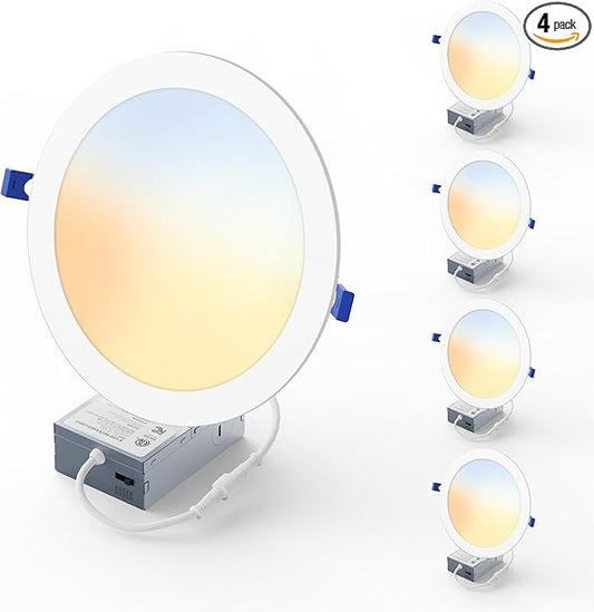4 Pack 8 Inch LED Recessed Light, Dimmable, Damp Rated, 5CCT Selectable, 18W 1600LM, 120V, Silm Canless Wafer Ceiling Light, ETL&FCC