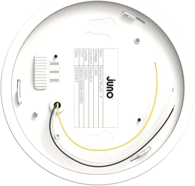 Juno Slim Basics 4 Inch LED Ceiling Light, Low Profile Surface Mount Downlight for Shower or Closet Lighting, 3000K/4000K/5000K Selectable White Light, Edged Trim, Wet Rated, Matte White, 6 Pack