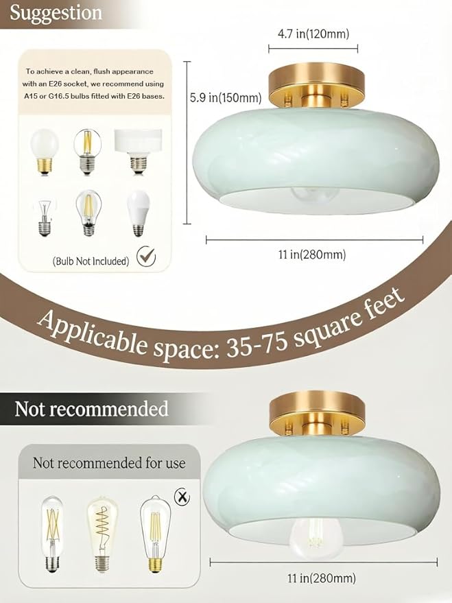 Semi Flush Mount Ceiling Light,11inch Mid Century Modern Light Fixture,Hallway Lighting Fixture with Milk Green Glass Shade,Vintage Ceiling Lamp for Kitchen,Porch,Entryway,Closet