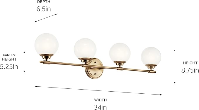 Kichler Benno 4-Light Bathroom Vanity Light Fixture with Opal Glass in Champagne Bronze, Modern Wall Mount Over Mirror for Bathroom or Powder Room (8.75" x 34"), 55173CPZ