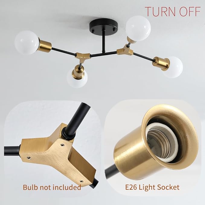 Mid Century Gold and Black Semi Flush Mount Ceiling Light,Modern 4 Light Fixture for Kitchen Dining Room Bedroom Lighting,Foyer Entryway Hallway Sputnik Chandelier
