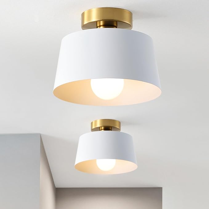 Modern Semi Flush Mount Ceiling Light with Gold Plate and Matte White Shade, Farmhouse Ceiling Light Fixture for Kitchen Island Dining Room Foyer Hallway Porch Barn Loft，10in (White 2 Pack)