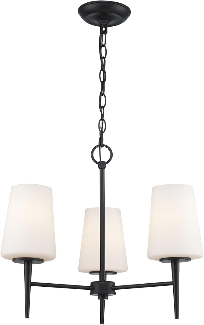Montgomery 3-Light Chandelier | Black Finish with White Frosted Glass Shade | Adjustable Hanging Height to 82.75" | Uses E26 Medium Base Bulb