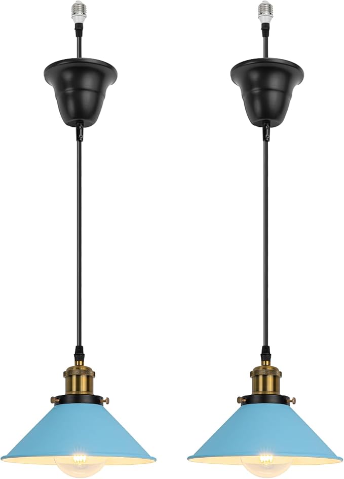 2 Pcs Ceiling Lights Conversion Pendant E26 Base Connections Adjusted Wire Length Cone Metal Blue Lampshade Industrial Style Conversion Kit for E26 Ceiling Lamp Fixtures