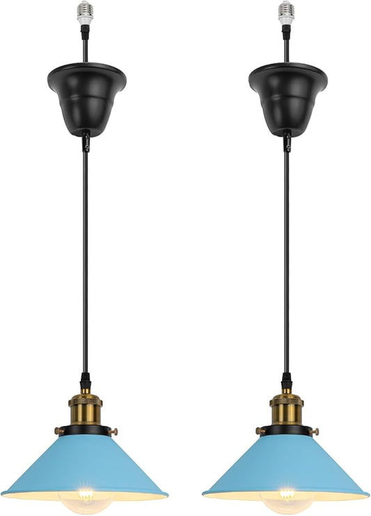 2 Pcs Ceiling Lights Conversion Pendant E26 Base Connections Adjusted Wire Length Cone Metal Blue Lampshade Industrial Style Conversion Kit for E26 Ceiling Lamp Fixtures