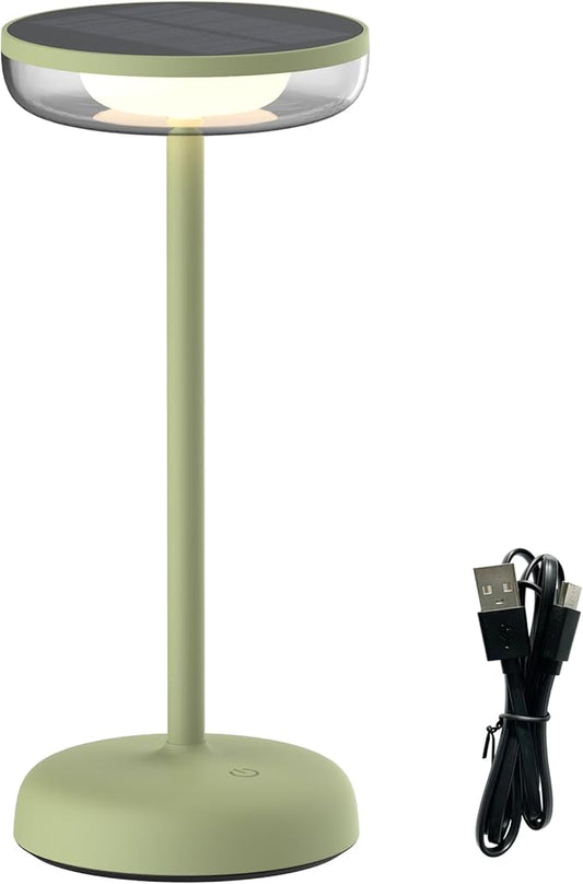 Cocktail Style Solar Table Lamp – Cordless LED Light with USB-C Charging, Dimmable Warm 2700K Glow, Weather Resistant for Indoor/Outdoor Use – Green, 1 Pack