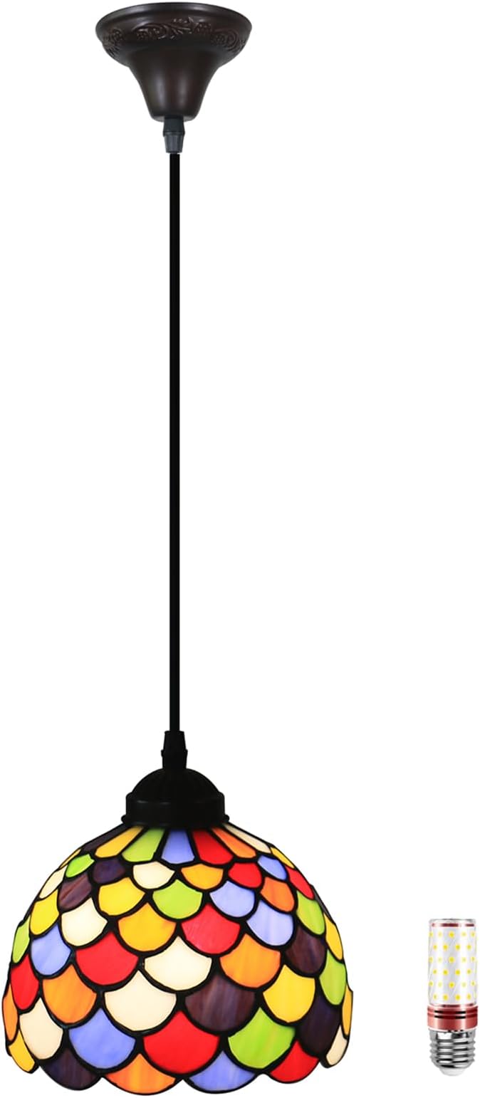 Stained Glass Hanging Lamp 8 Inch Hanging Ceiling Lights Tiffany Art Deco Lamp for Dining Room Kitchen Island Home Farmhouse Hallway