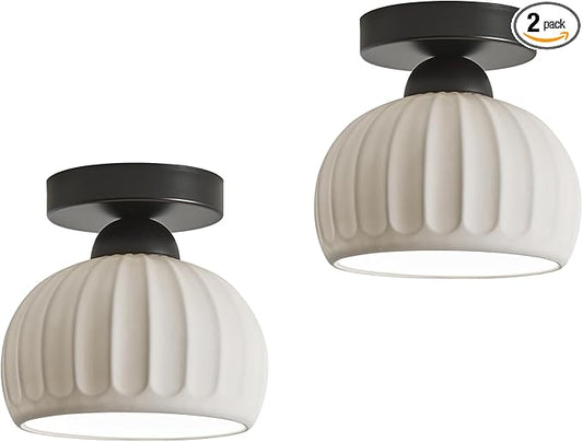 2 Pack Ceramic Black Semi Flush Mount Ceiling Light Vintage Hallway Light Fixtures, Modern Small Ceiling Mount Light Lamp for Hall Kitchen Entryway Passway Porch Foyer