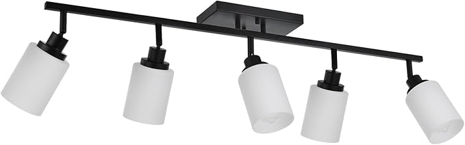 TODOLUZ Black Track Lighting Kit, 5-Lights Directional Spotlight with Opal White Glass, Kitchen Ceiling Light Fixtures for Dining Room Kithen Island Cloakroom