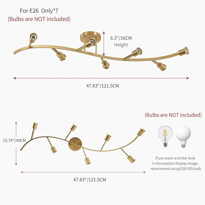 Gold Modern Sputnik Semi Flush Mount Ceiling Light Fixture 7-Lights,Mid Centur Minimalist Sputnik Chandelier for Living Room,Dining Room,Bedroom,Kitchen,Hallway(Bulbs Not Included)
