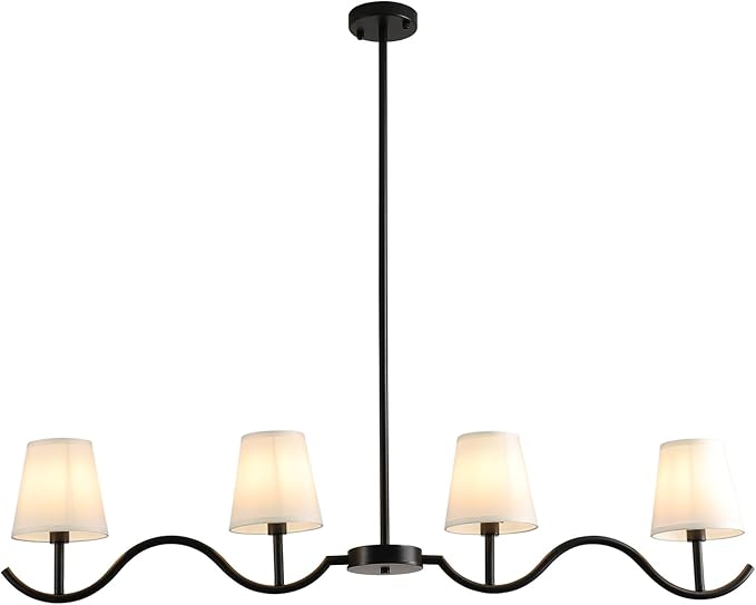 4-Light Linear Chandelier, 47"Black Farmhouse Light Fixture for Dining Room Kitchen Island, Modern Pendant Lighting with Fabric Shades, Adjustable Height Kitchen Island Light Fixture,E12 Base